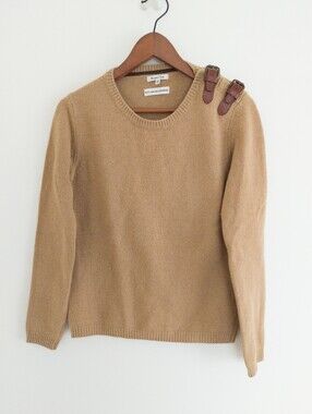 Massimo Dutti Camel Wool Cashmere Angora Leather Buckle Shoulder Sweater Medium